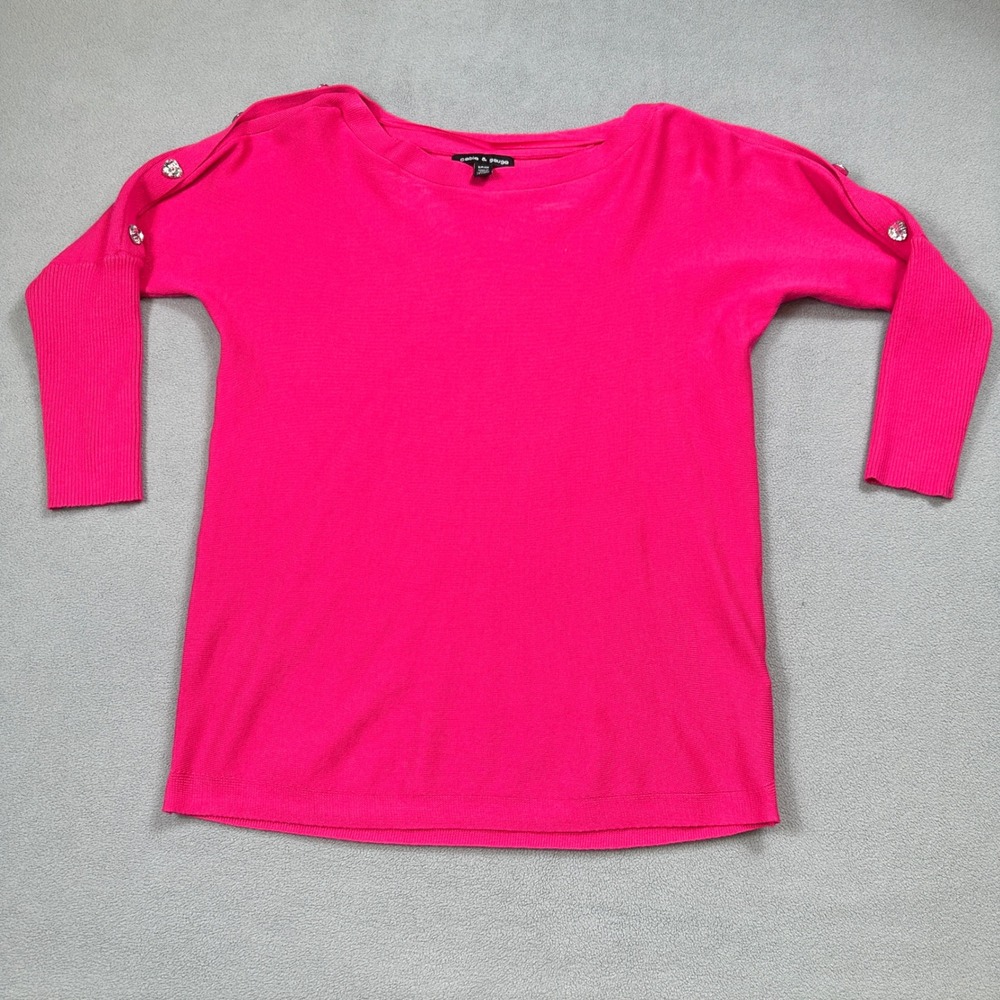 Cable & Gauge Hot Pink Rhinestone Button Split Shoulder Knit Top Small‎